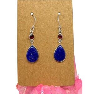 Lapis Lazuli Garnet Earrings Solid 925 Sterling Silver Dangle Drop Blue Stone